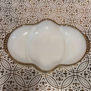 Vintage Fire King Ware Divided Milk Glass Dish Gold Hobnail Edging Made in USA